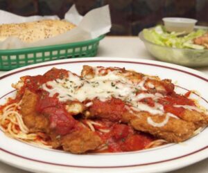 Chicken Parmigiana over Pasta